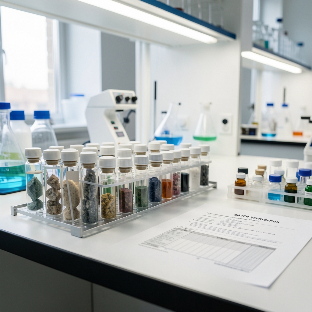 Laboratory bench with mineral sample vials arranged in a row, bright workspace lighting, printed batch verification report visible beside the sample rack