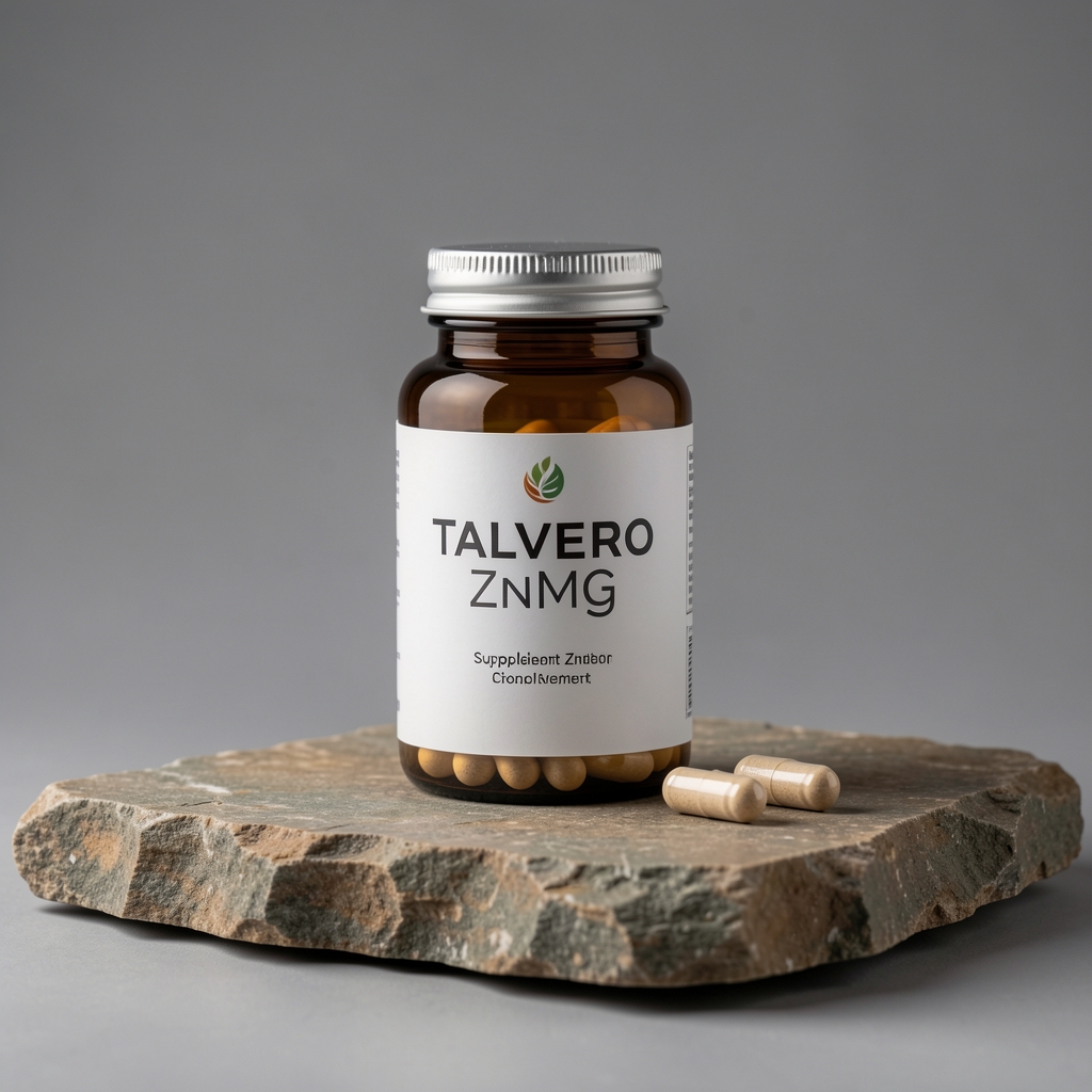 Velmona ZnMg supplement bottle and two capsules arranged on a natural stone surface under controlled studio lighting, minimal composition with grey background