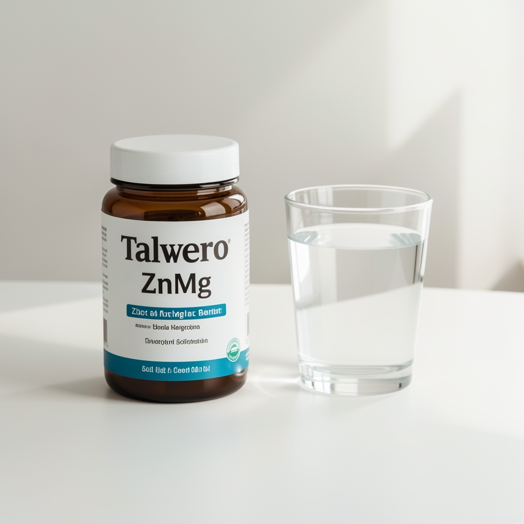 Velmona ZnMg zinc and magnesium supplement container beside a glass of water on a minimalist white desk
