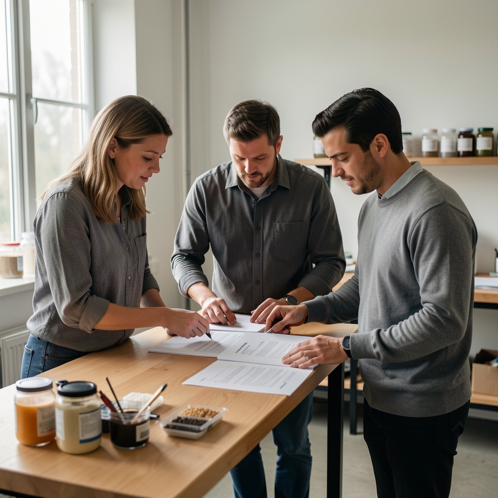 Three colleagues reviewing printed documentation at a standing desk in a naturally lit studio workspace, supplement containers and ingredient samples visible in the background